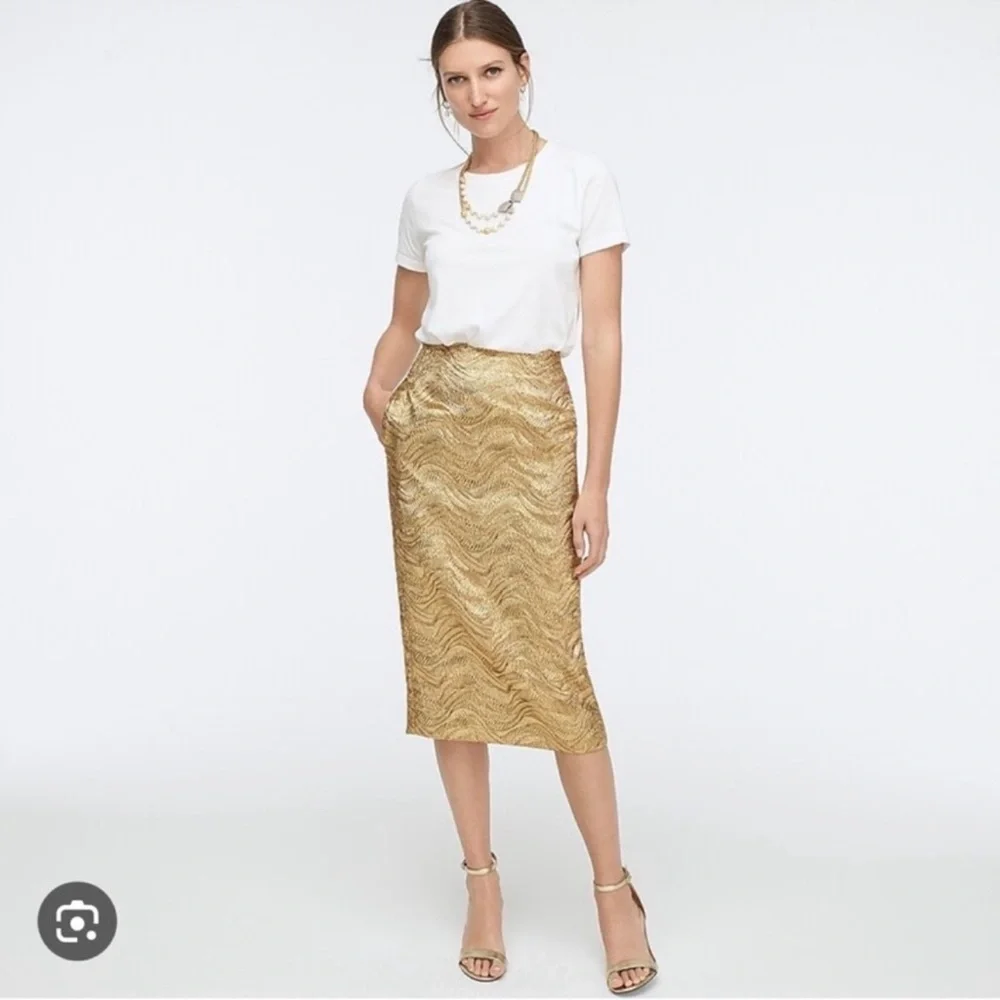 J. Crew Collection Pencil Skirt in Gold Metallic Leaf Jacquard, Size 2